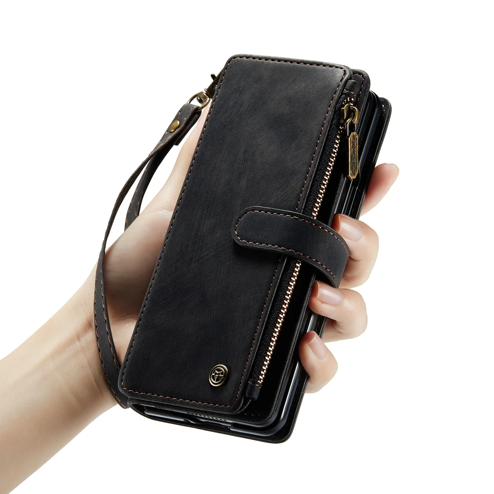 Leather Samsung Galaxy Z Fold4 5G Wallet Case With Lanyard Strap Wristlet Zipper Card Holder Case