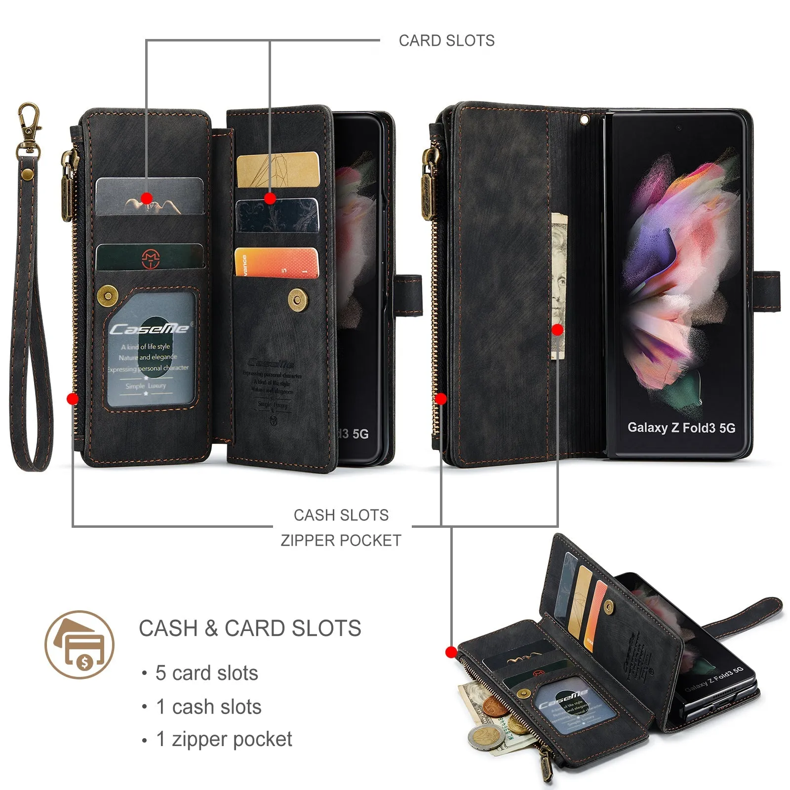 Leather Samsung Galaxy Z Fold4 5G Wallet Case With Lanyard Strap Wristlet Zipper Card Holder Case