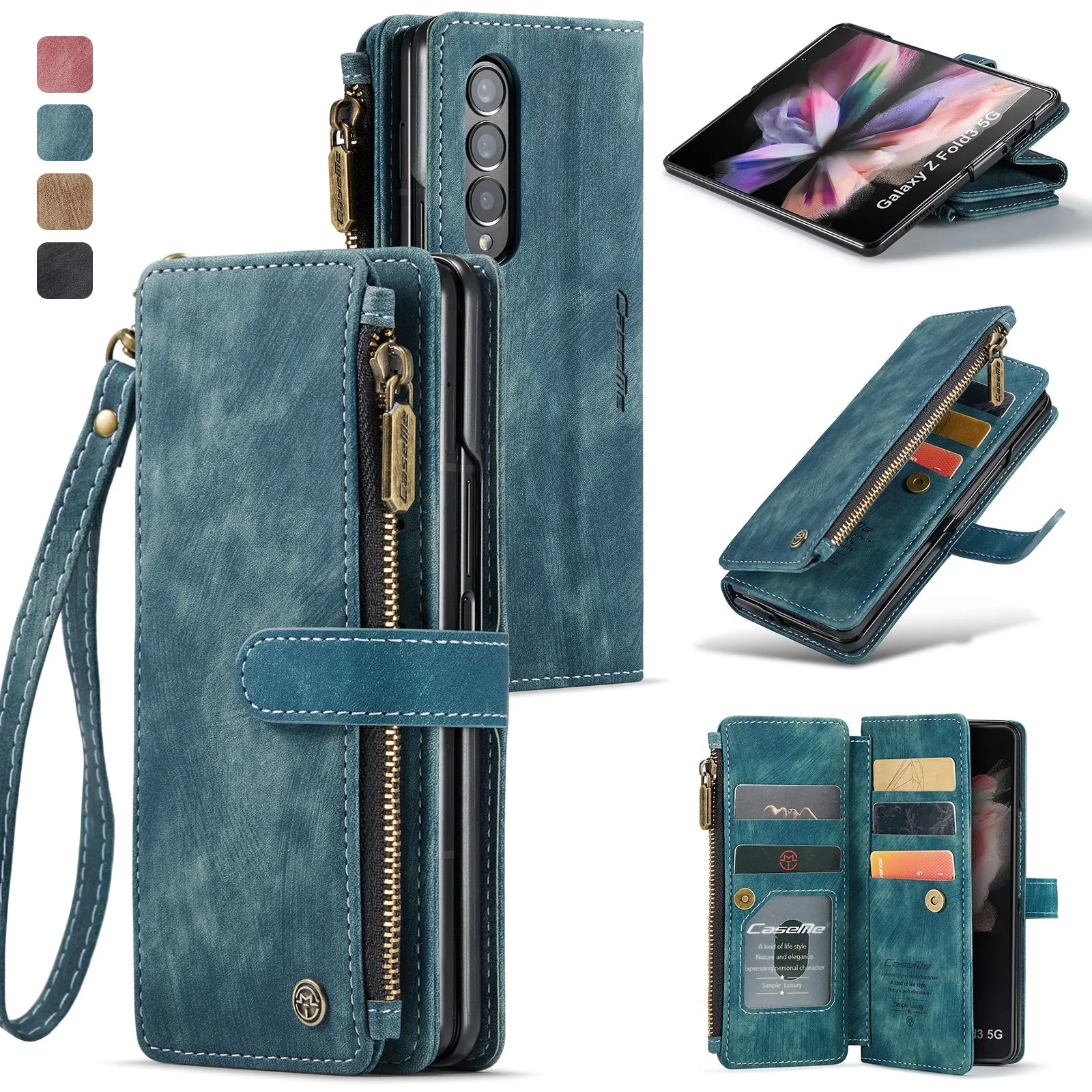Leather Samsung Galaxy Z Fold4 5G Wallet Case With Lanyard Strap Wristlet Zipper Card Holder Case