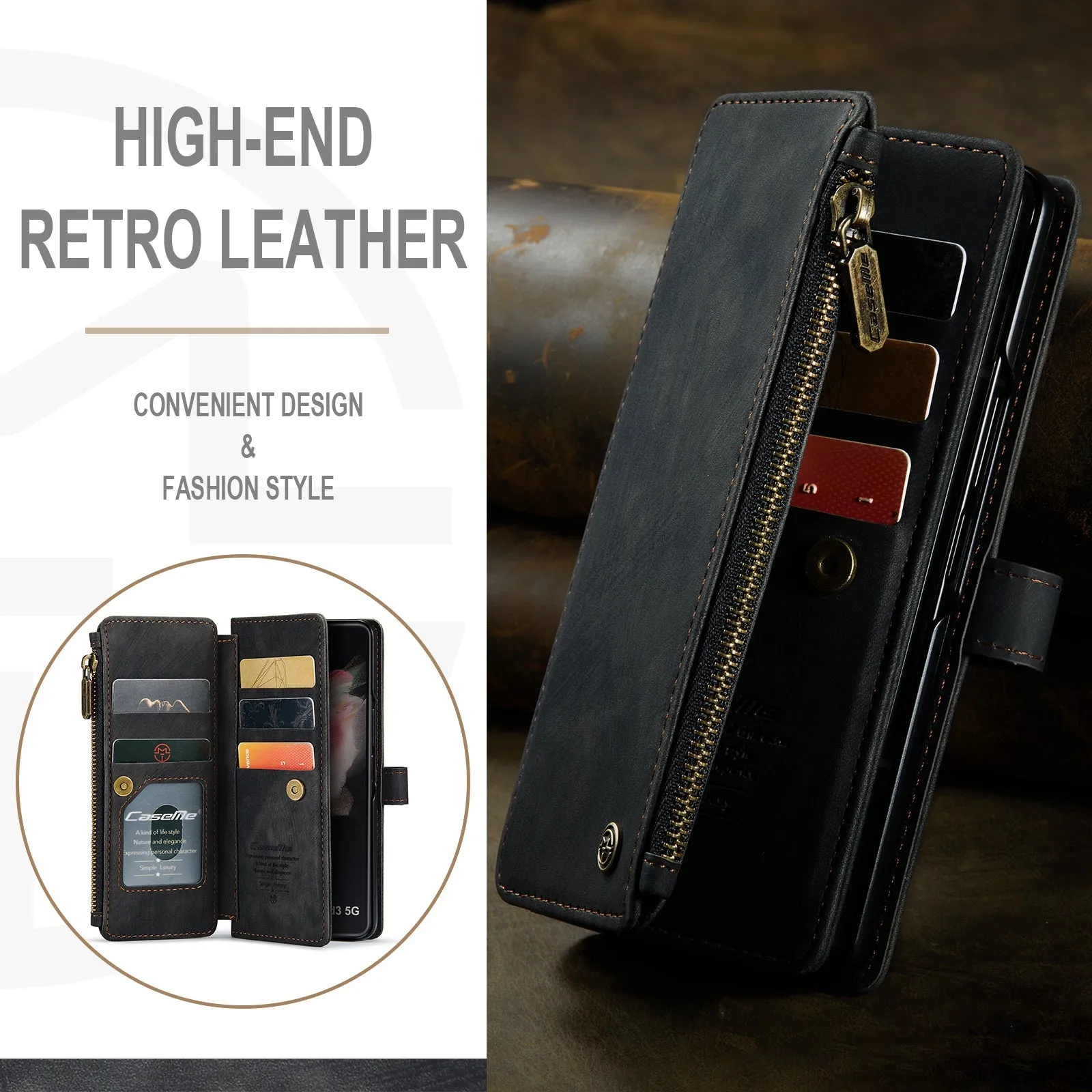 Leather Samsung Galaxy Z Fold4 5G Wallet Case With Lanyard Strap Wristlet Zipper Card Holder Case