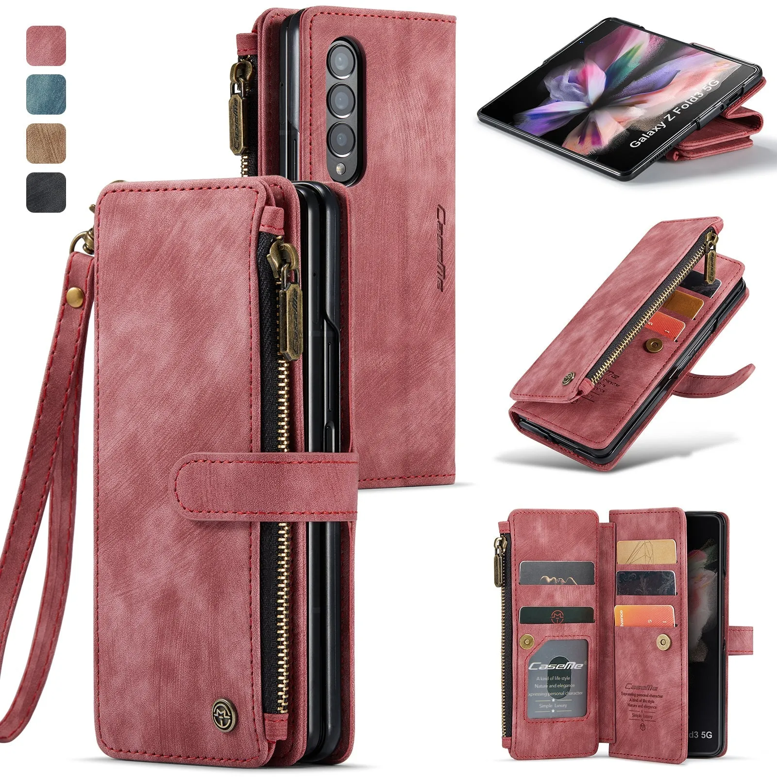 Leather Samsung Galaxy Z Fold4 5G Wallet Case With Lanyard Strap Wristlet Zipper Card Holder Case