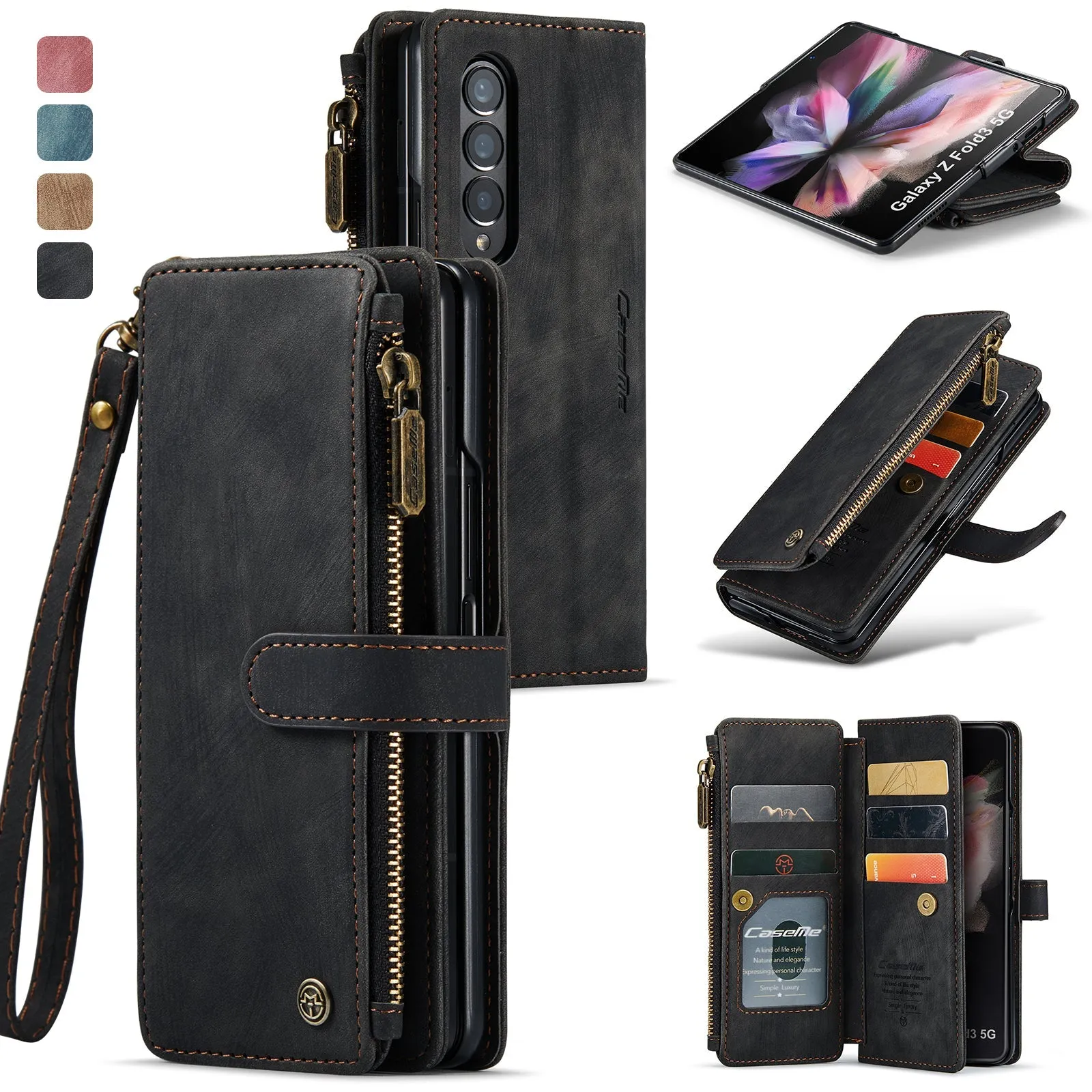 Leather Samsung Galaxy Z Fold4 5G Wallet Case With Lanyard Strap Wristlet Zipper Card Holder Case