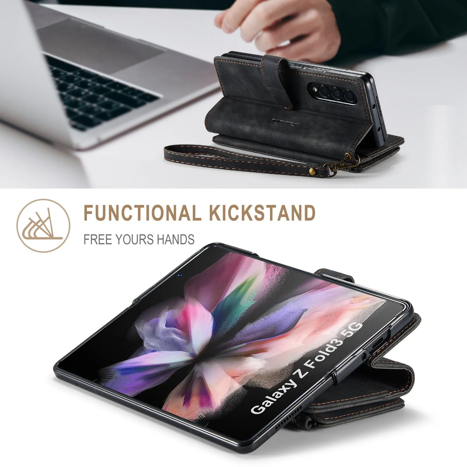 Leather Samsung Galaxy Z Fold4 5G Wallet Case With Lanyard Strap Wristlet Zipper Card Holder Case