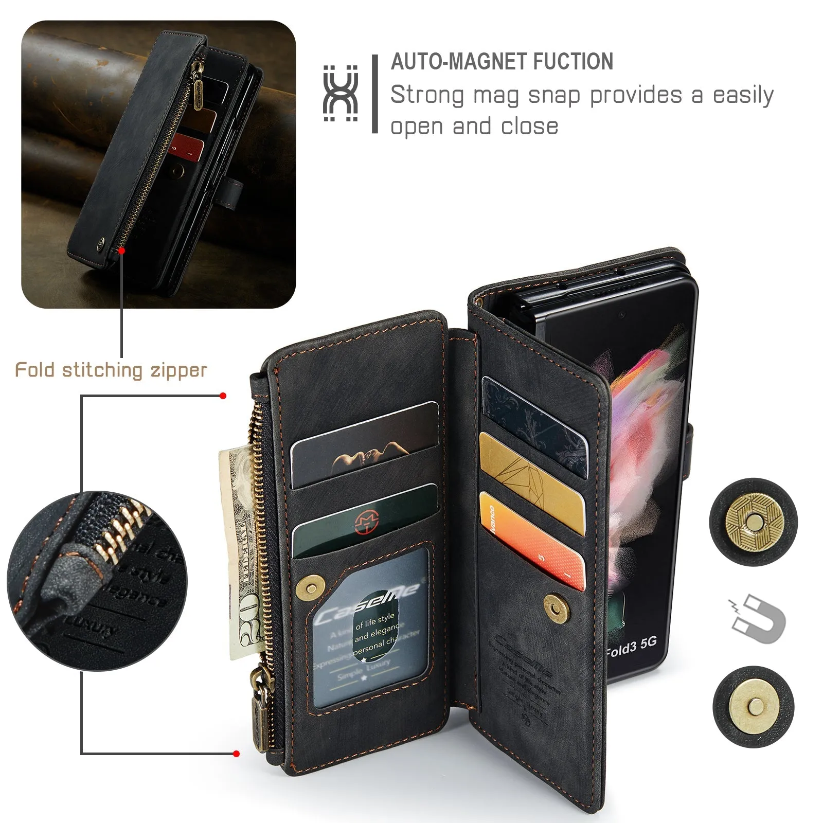 Leather Samsung Galaxy Z Fold4 5G Wallet Case With Lanyard Strap Wristlet Zipper Card Holder Case