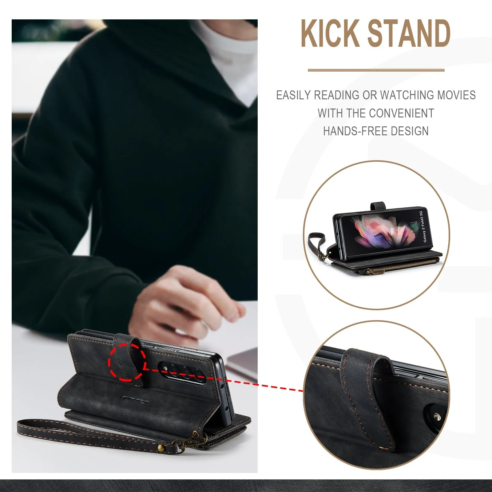 Leather Samsung Galaxy Z Fold4 5G Wallet Case With Lanyard Strap Wristlet Zipper Card Holder Case