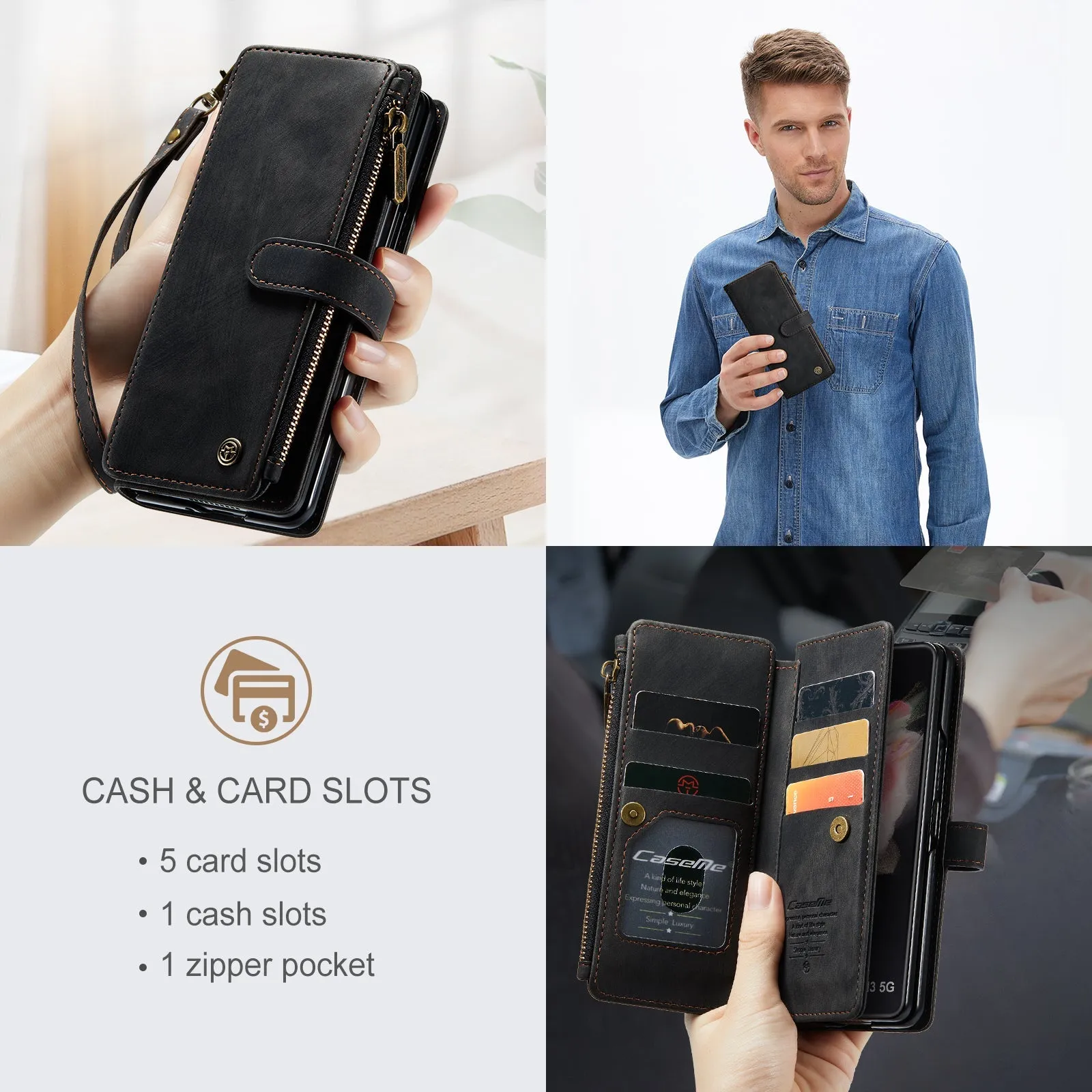 Leather Samsung Galaxy Z Fold4 5G Wallet Case With Lanyard Strap Wristlet Zipper Card Holder Case