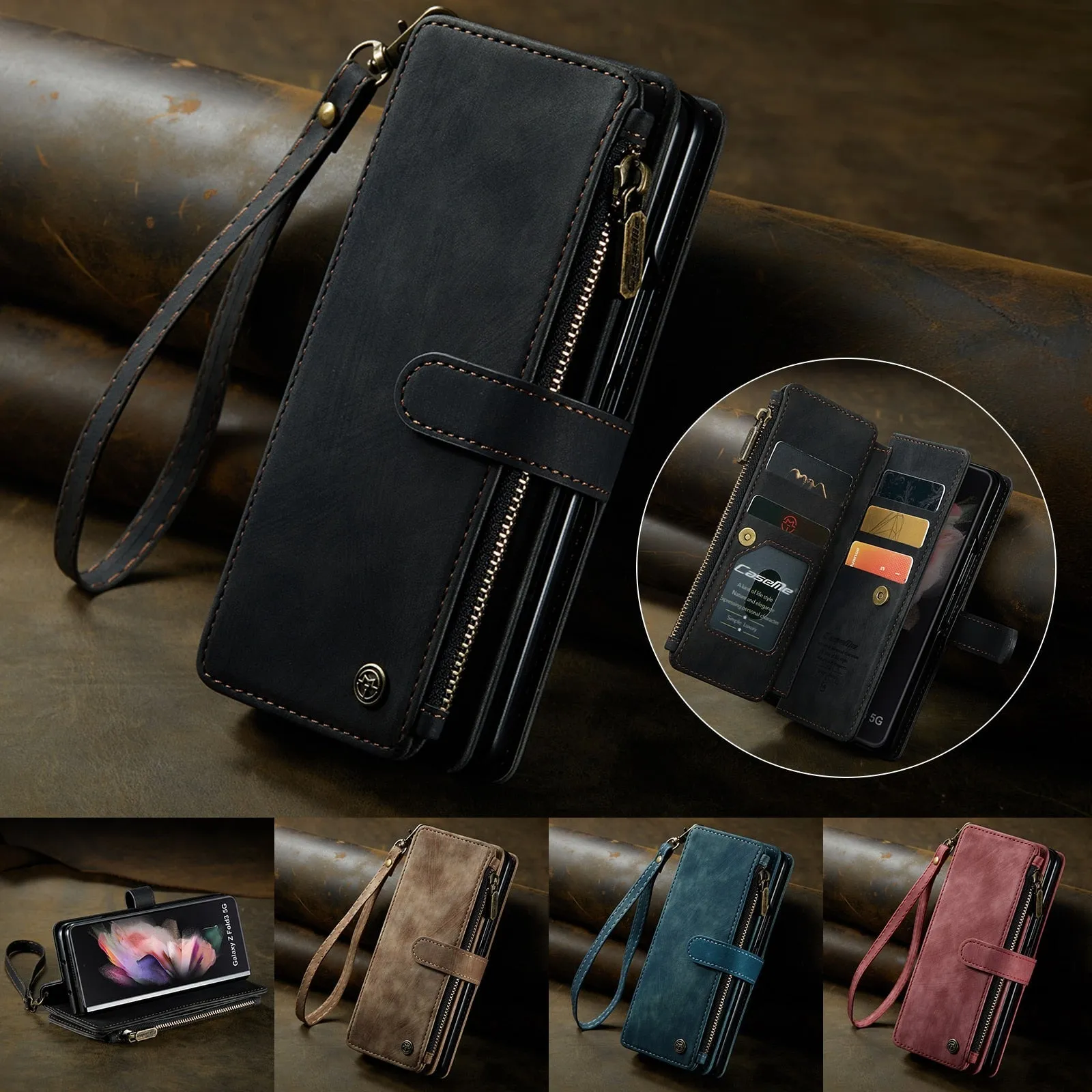 Leather Samsung Galaxy Z Fold4 5G Wallet Case With Lanyard Strap Wristlet Zipper Card Holder Case