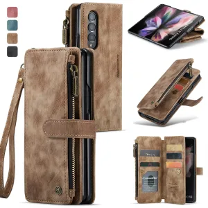 Leather Samsung Galaxy Z Fold4 5G Wallet Case With Lanyard Strap Wristlet Zipper Card Holder Case