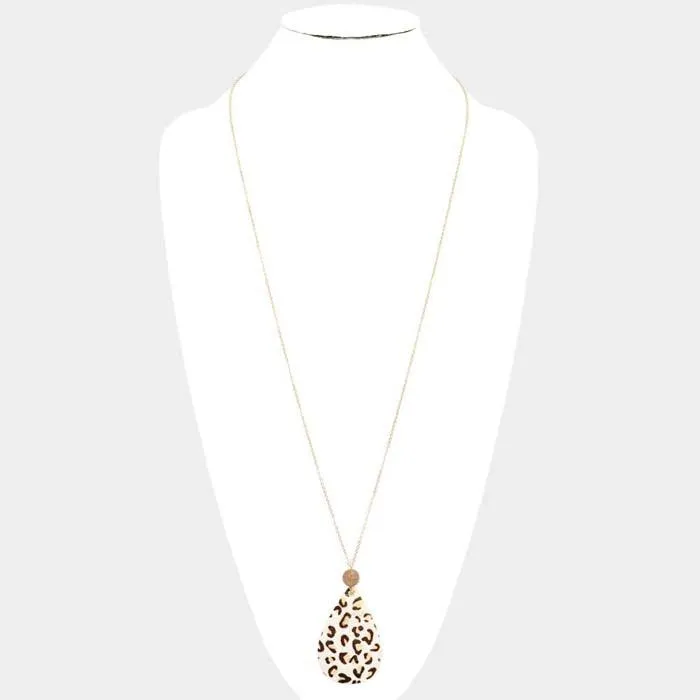 Leopard Patterned Teardrop Pendant Long Gold Necklace
