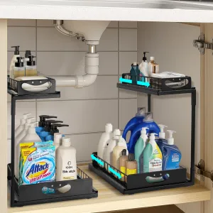 LFCONNECT Under Sink Organizer 2 Pack, 2 Tier Sliding Drawers for Kitchen and Bathroom Storage - Durable Metal Under Sink Organizers, Black