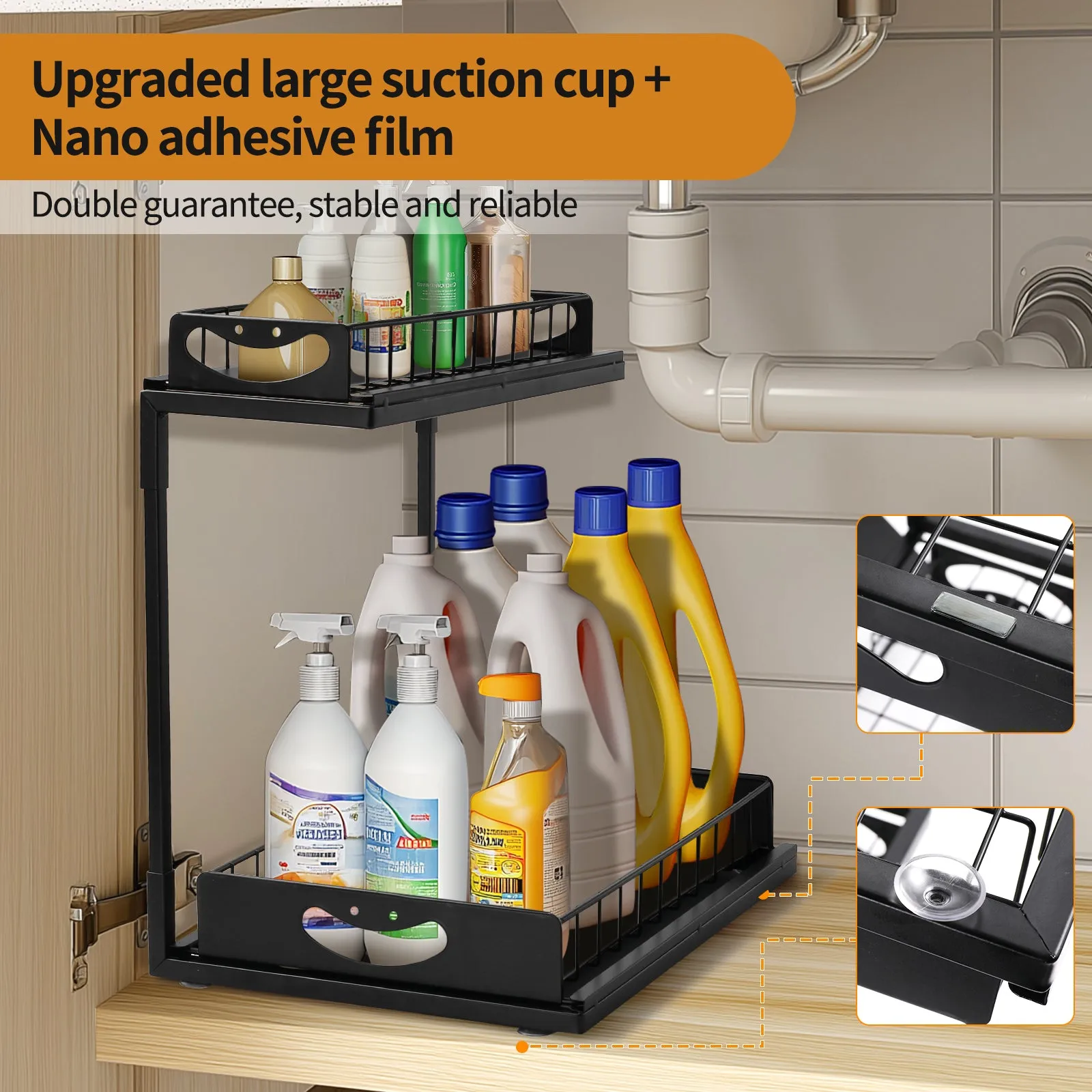 LFCONNECT Under Sink Organizer 2 Pack, 2 Tier Sliding Drawers for Kitchen and Bathroom Storage - Durable Metal Under Sink Organizers, Black