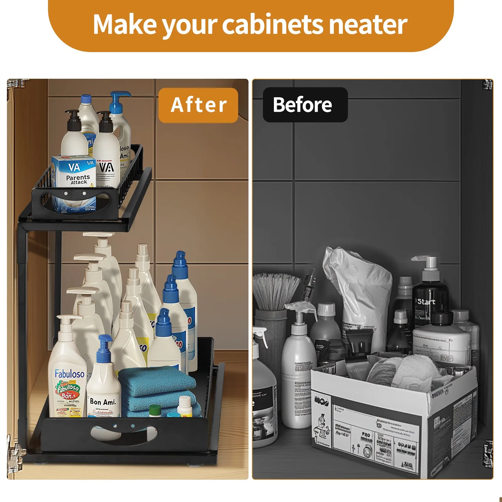 LFCONNECT Under Sink Organizer 2 Pack, 2 Tier Sliding Drawers for Kitchen and Bathroom Storage - Durable Metal Under Sink Organizers, Black
