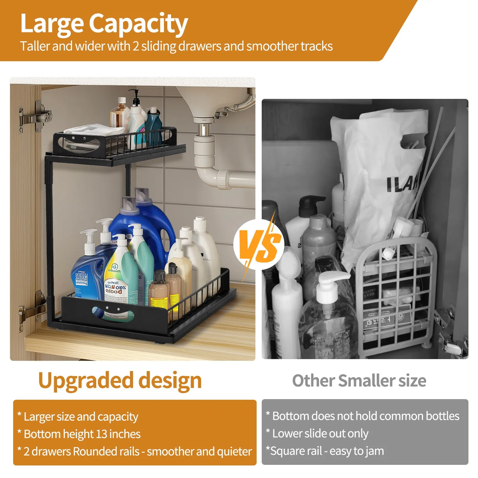 LFCONNECT Under Sink Organizer 2 Pack, 2 Tier Sliding Drawers for Kitchen and Bathroom Storage - Durable Metal Under Sink Organizers, Black