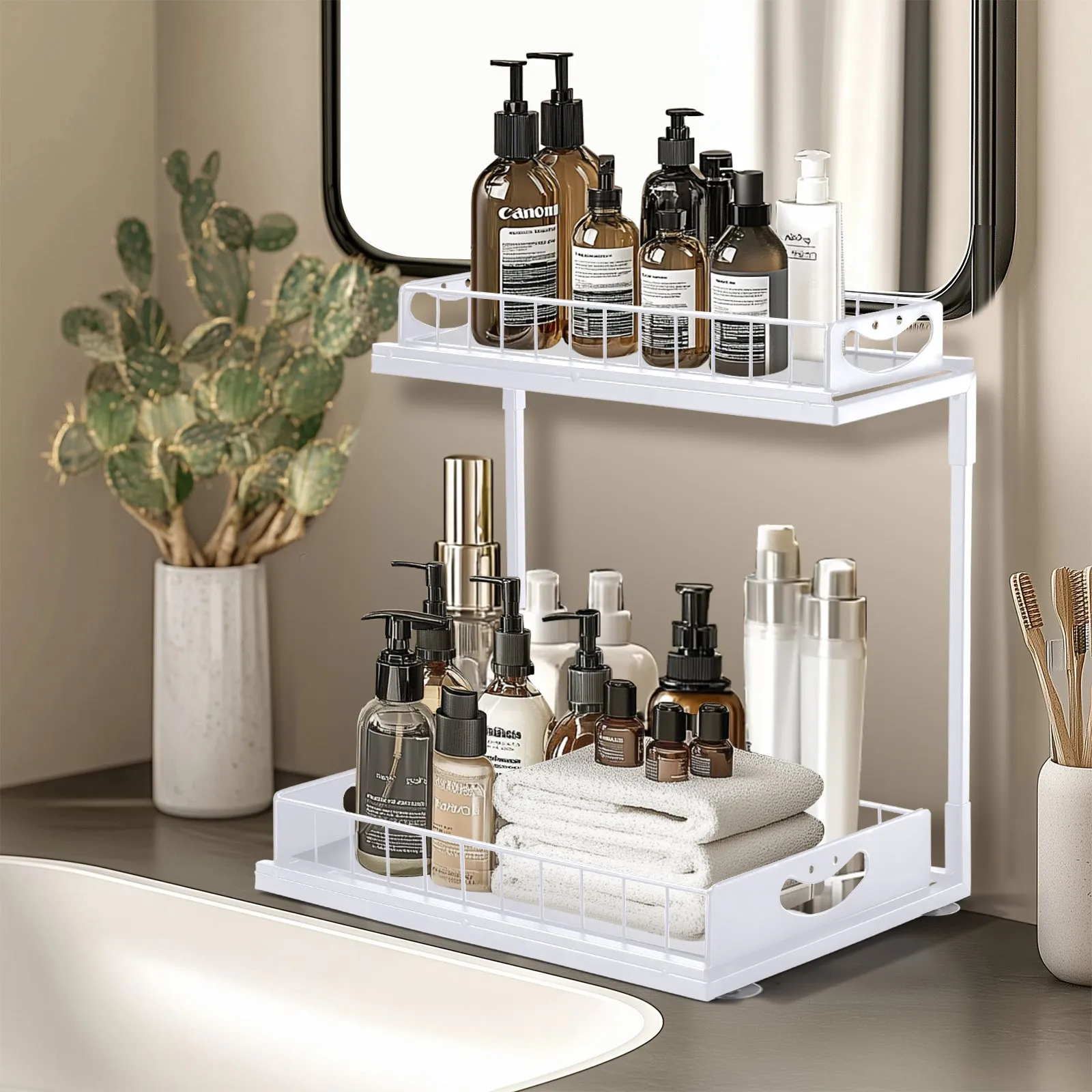 LFCONNECT Under Sink Organizer 2 Pack, 2 Tier Sliding Drawers for Kitchen and Bathroom Storage - Durable Metal Under Sink Organizers, Black