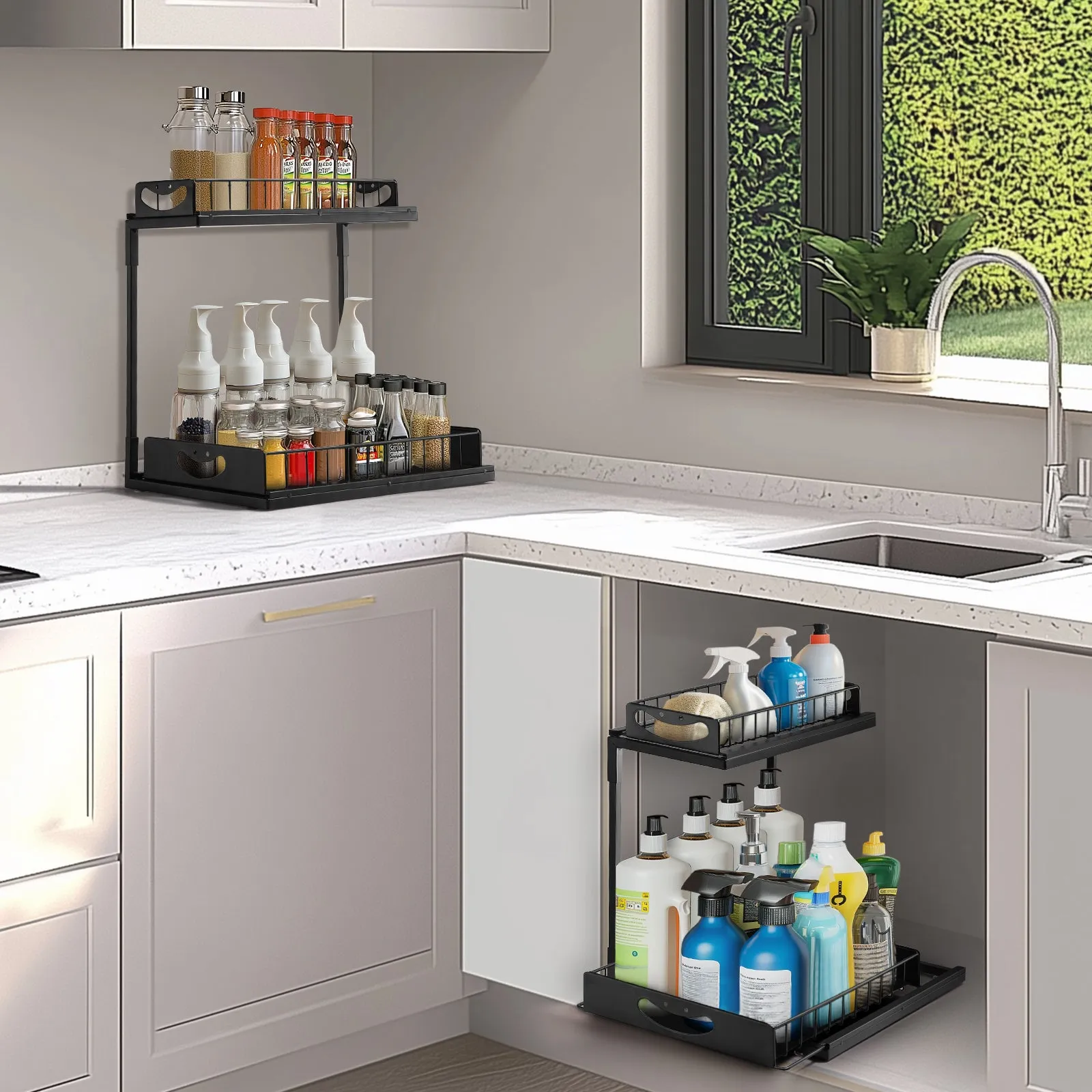 LFCONNECT Under Sink Organizer 2 Pack, 2 Tier Sliding Drawers for Kitchen and Bathroom Storage - Durable Metal Under Sink Organizers, Black