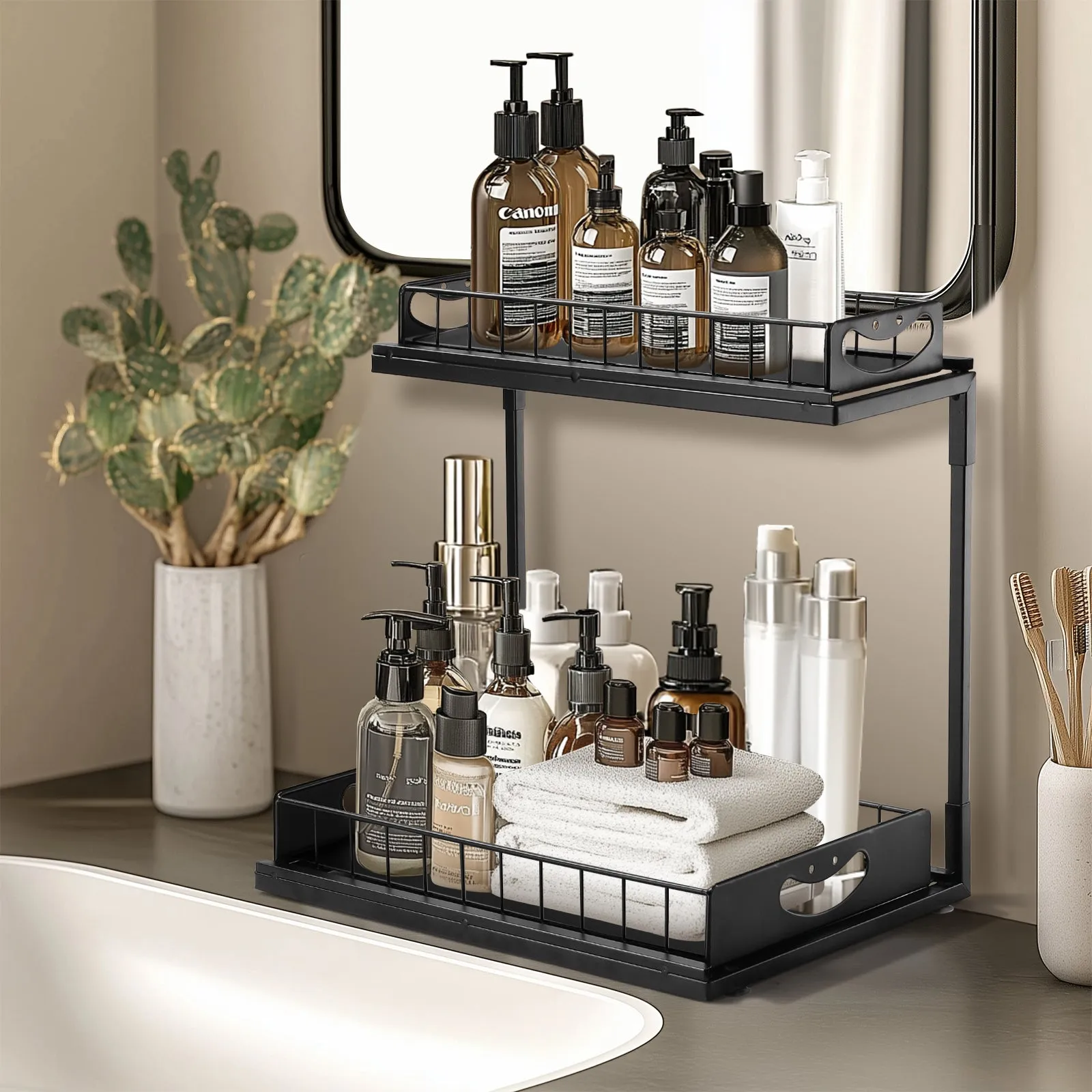 LFCONNECT Under Sink Organizer 2 Pack, 2 Tier Sliding Drawers for Kitchen and Bathroom Storage - Durable Metal Under Sink Organizers, Black