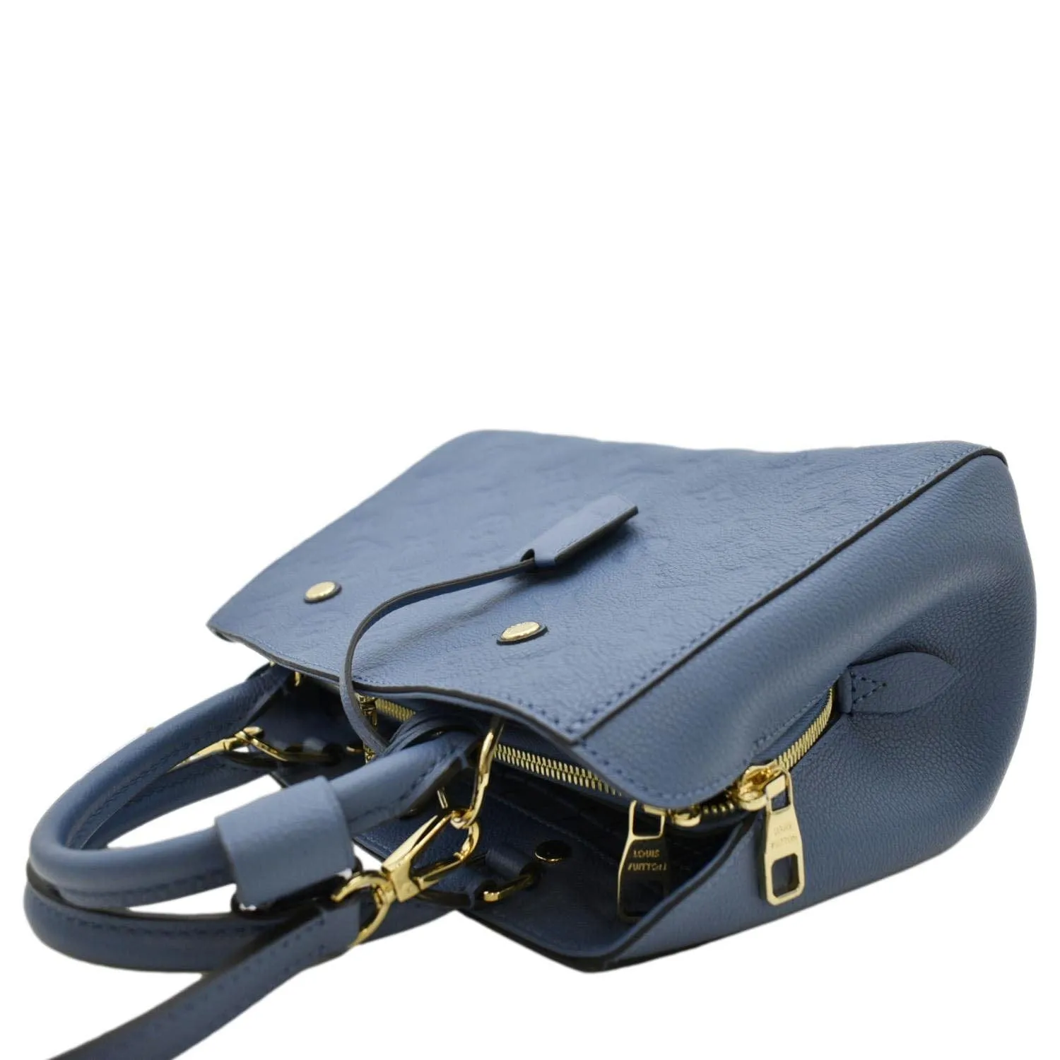 LOUIS VUITTON Montaigne BB Monogram Empreinte Leather Satchel Bag Blue