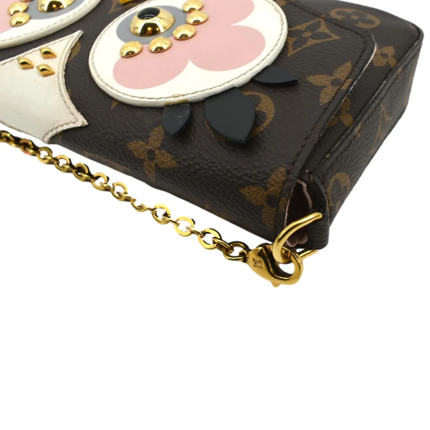 LOUIS VUITTON Pochette Felicie Owl Monogram Chain Crossbody Bag Brown