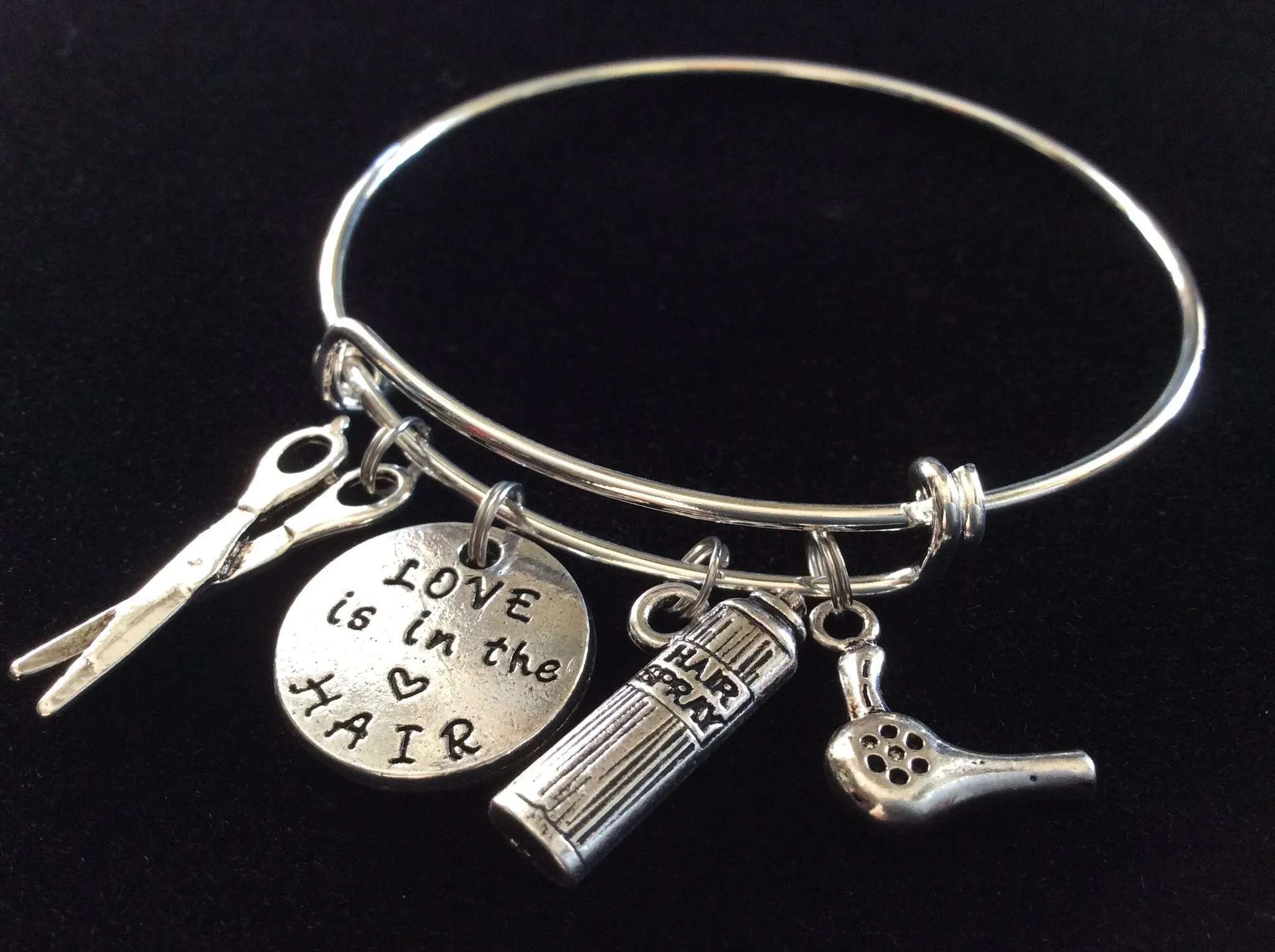 Love is in the Hair Stylist Charm Bangle Scissors Blow Dryer on a Silver Expandable Adjustable Bangle Bracelet Trendy Stacking Handmade Gift