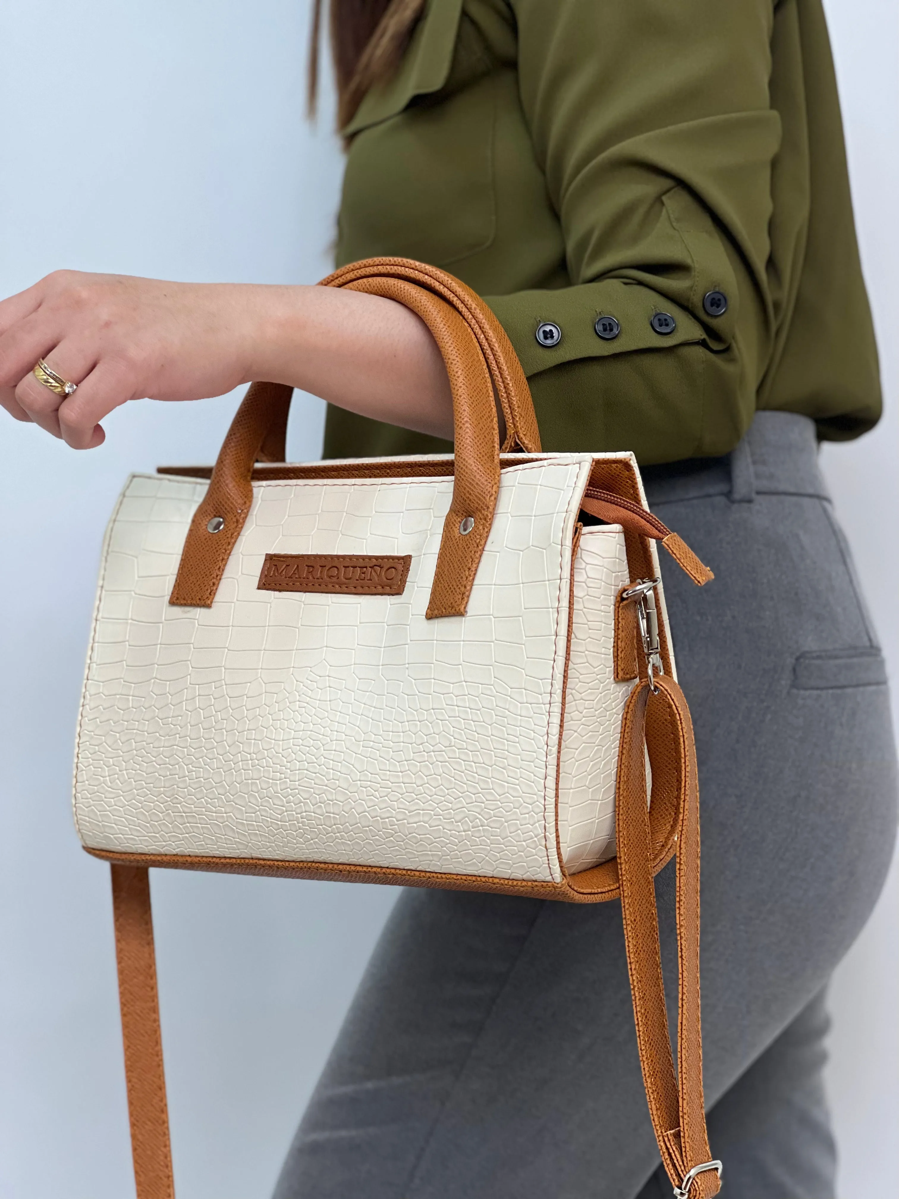 MADELINE Croc Embossed Top Handle Sling Bag in Off White