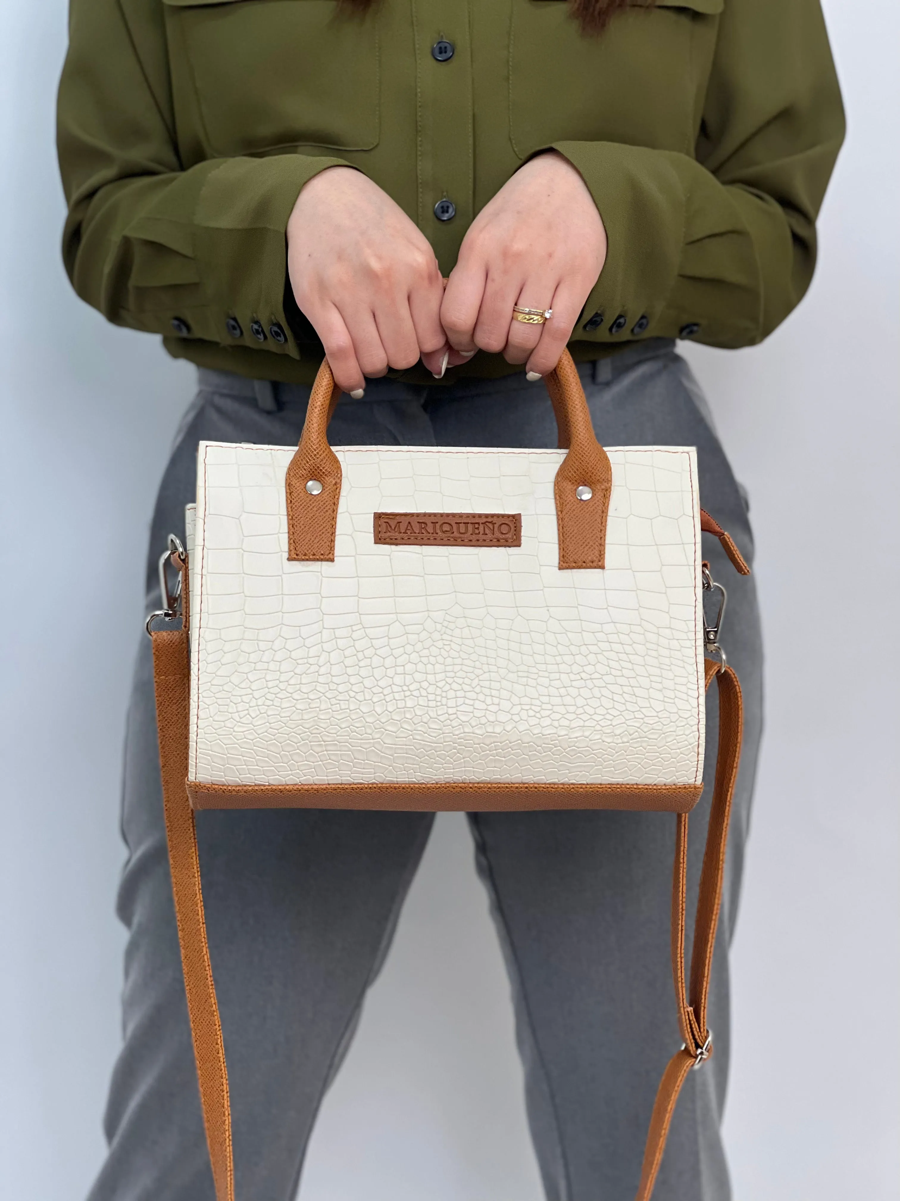 MADELINE Croc Embossed Top Handle Sling Bag in Off White