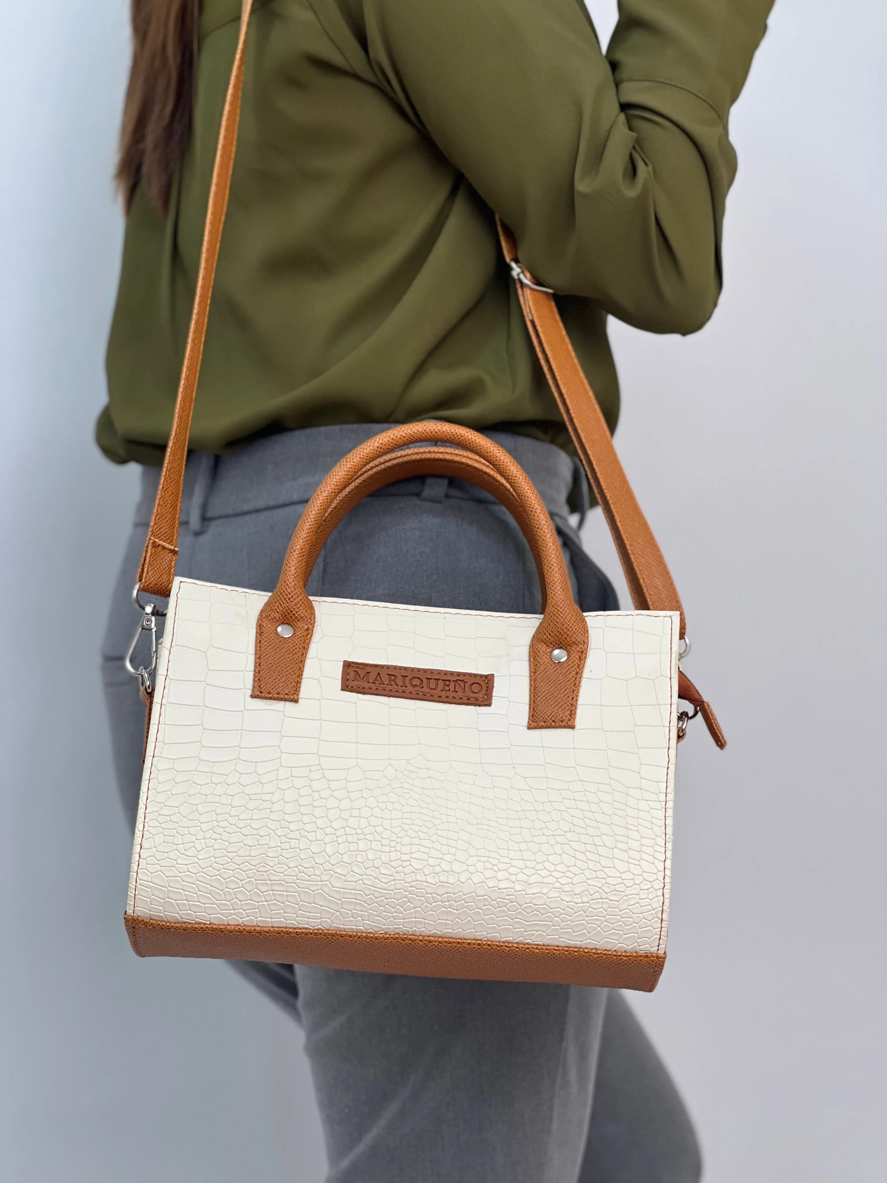MADELINE Croc Embossed Top Handle Sling Bag in Off White