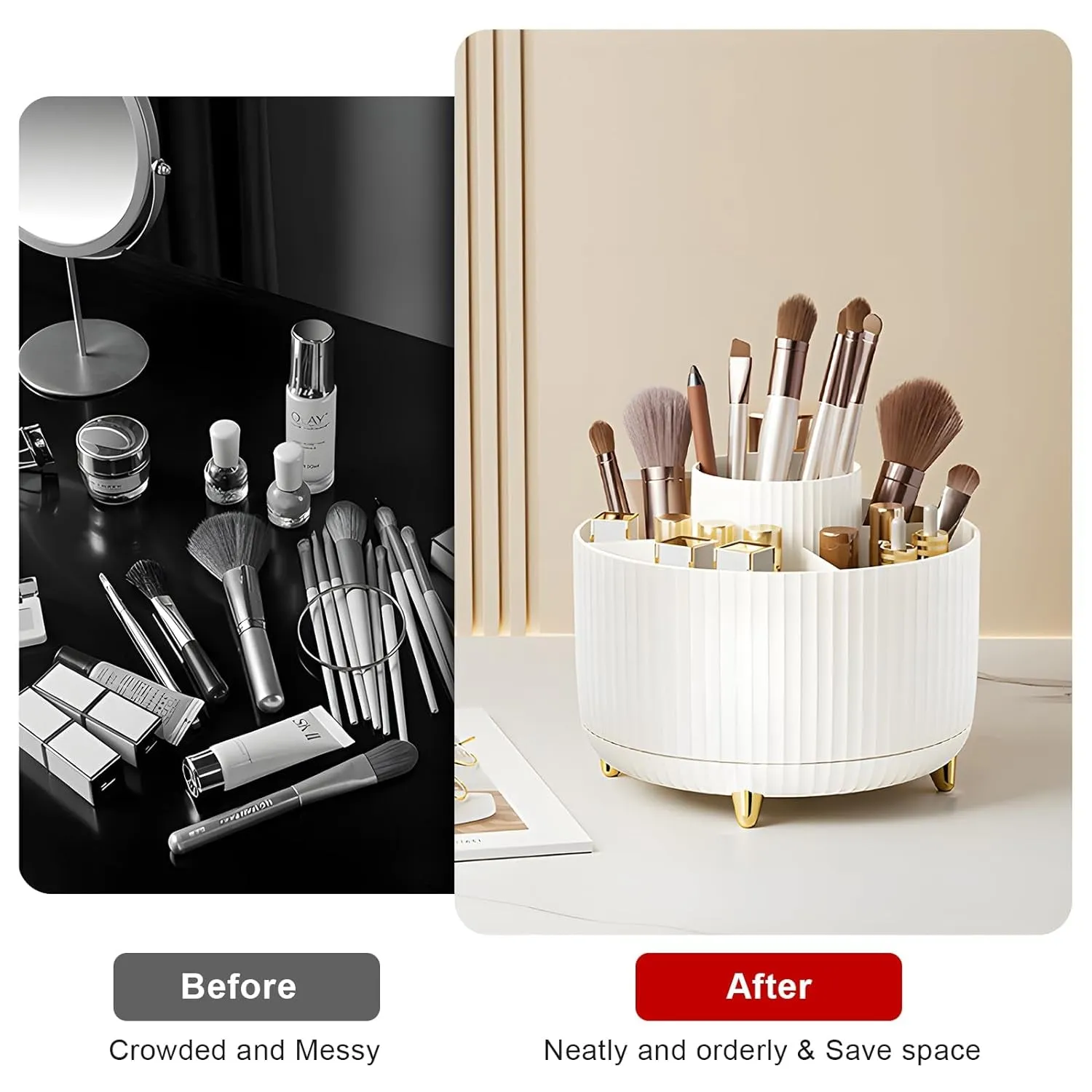 Makeup Brush Holder Organizer,360° Rotating Makeup Brush Organizer,5 Slot Make up Brushes Cup for Cosmetics, Nail Polish, Art Supply, Bathroom Vanity Desktop Organizer - White