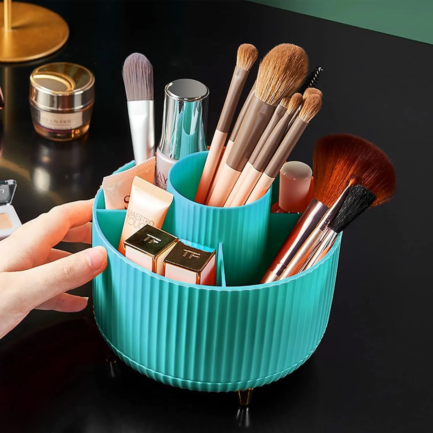 Makeup Brush Holder Organizer,360° Rotating Makeup Brush Organizer,5 Slot Make up Brushes Cup for Cosmetics, Nail Polish, Art Supply, Bathroom Vanity Desktop Organizer - White
