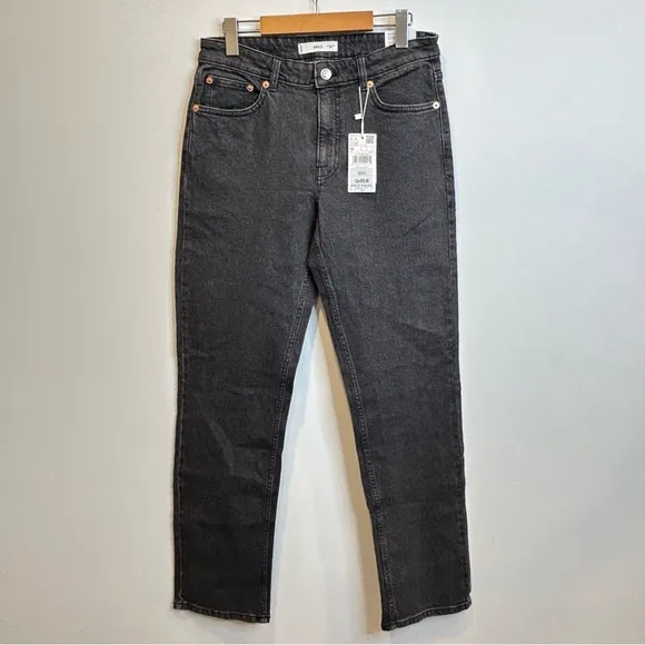 Mango Medium-comfort mid rise straight jeans black grey