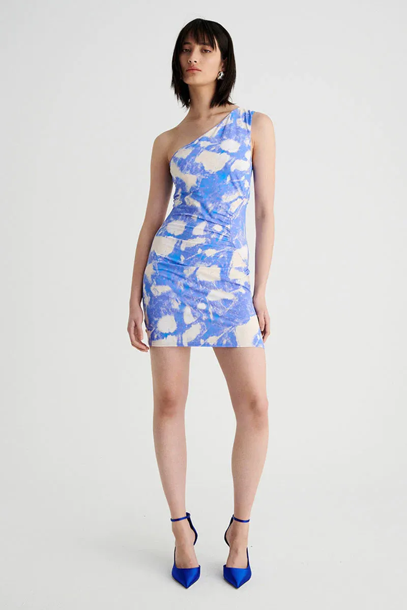 MARBLE RUCHED ONE-SHOULDER MINI DRESS