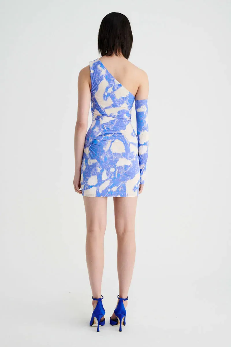 MARBLE RUCHED ONE-SHOULDER MINI DRESS