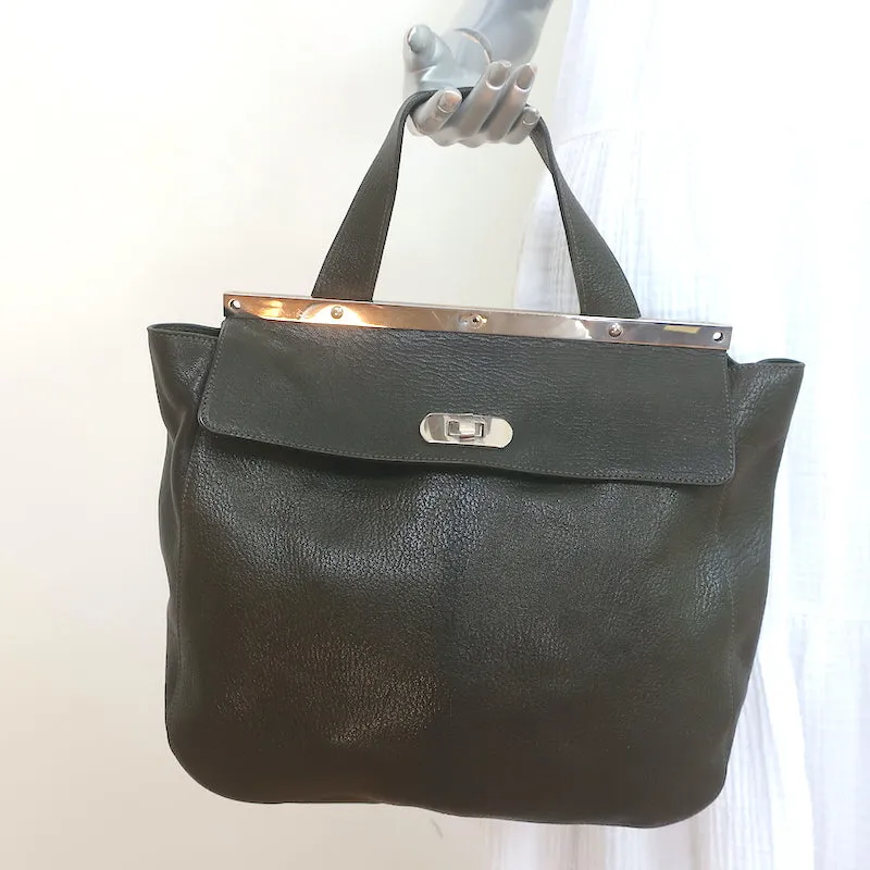 Marni Metal Frame Flap Bag Dark Green Grained Leather Large Crossbody