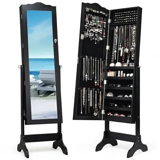 Mirrored Lockable Jewelry Cabinet Armoire Organizer Storage Box-Black - Color: B