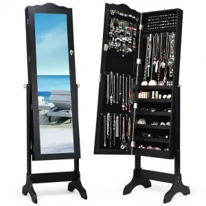 Mirrored Lockable Jewelry Cabinet Armoire Organizer Storage Box-Black - Color: B