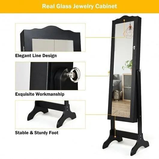Mirrored Lockable Jewelry Cabinet Armoire Organizer Storage Box-Black - Color: B