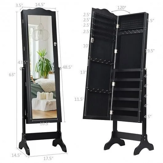 Mirrored Lockable Jewelry Cabinet Armoire Organizer Storage Box-Black - Color: B