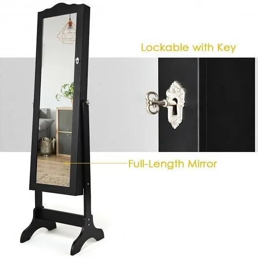 Mirrored Lockable Jewelry Cabinet Armoire Organizer Storage Box-Black - Color: B