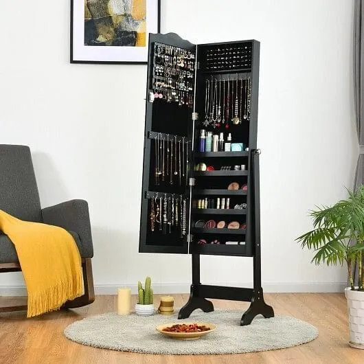 Mirrored Lockable Jewelry Cabinet Armoire Organizer Storage Box-Black - Color: B