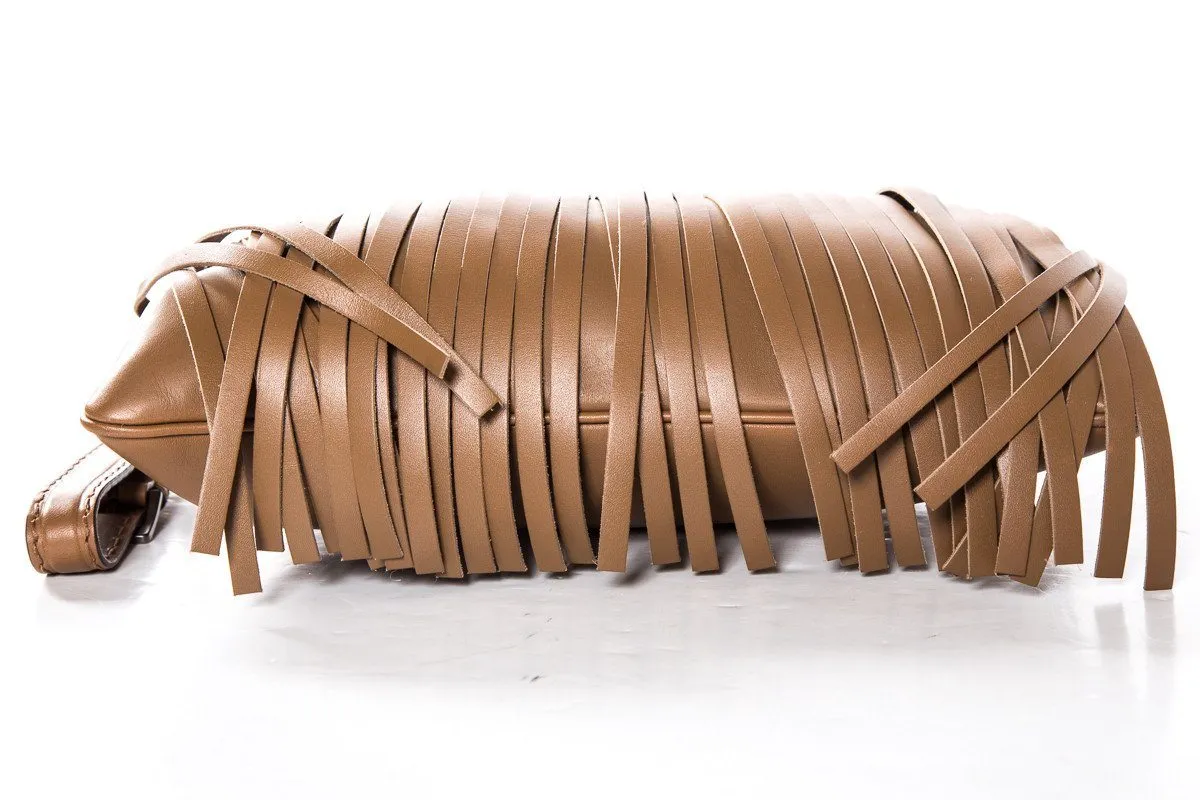 Miu Miu Light Brown Fringe Detail Leather Wristlet Clutch