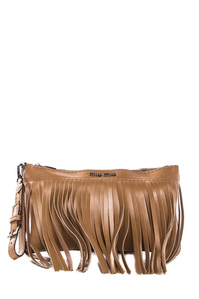 Miu Miu Light Brown Fringe Detail Leather Wristlet Clutch