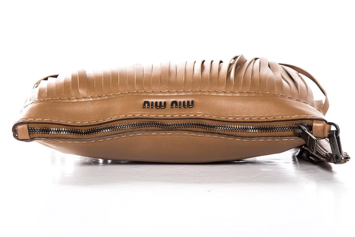 Miu Miu Light Brown Fringe Detail Leather Wristlet Clutch