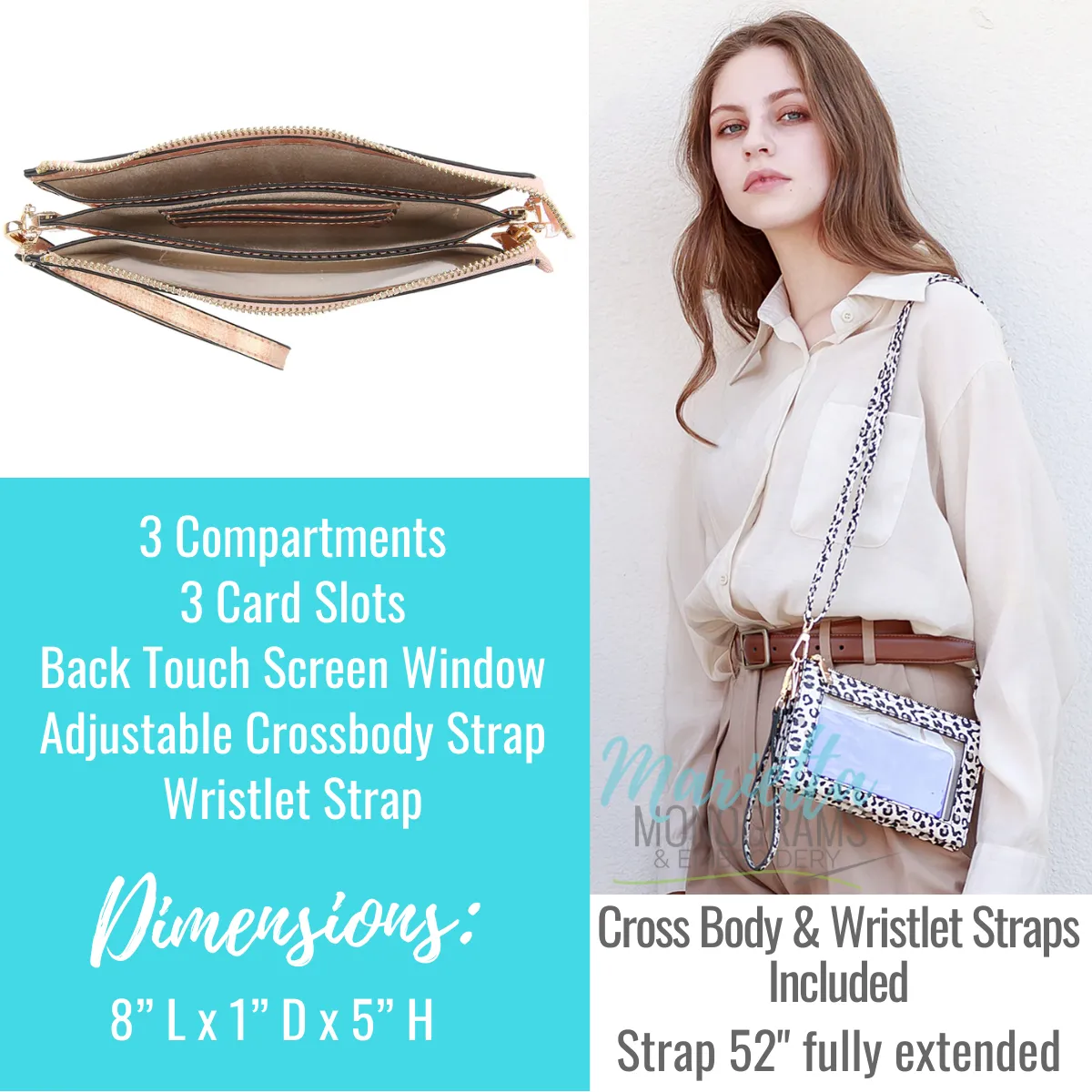 Monogrammed Vegan Leather Cell Phone Window Clutch 3 Compartment Crossbody Purse Bridesmaid Gift - 6 Colors