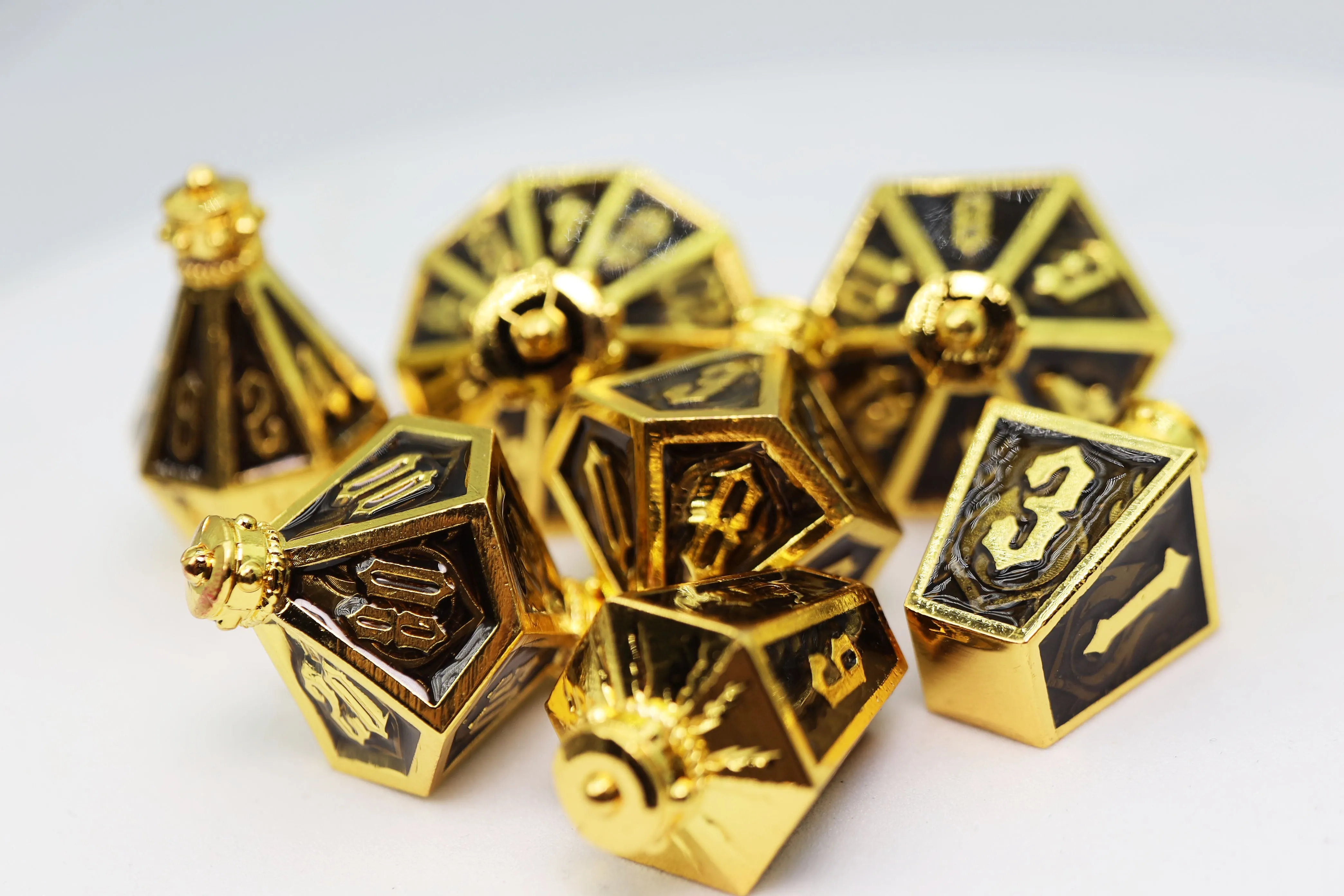 Moonlit Lantern: Golden Earthen Flame - Metal RPG Dice Set