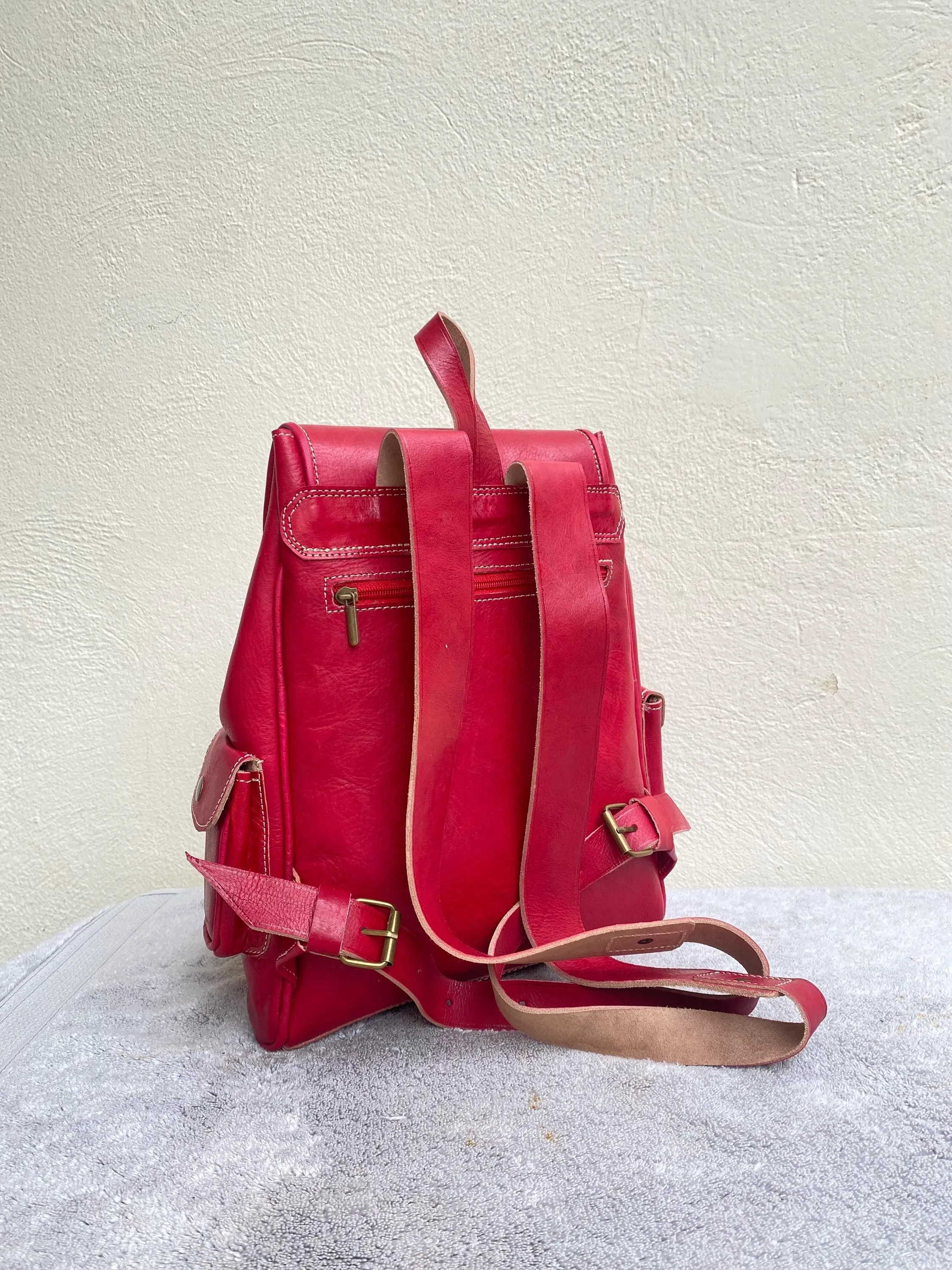 Moroccan Leather Backpack in Red Full-Grain Cowhide