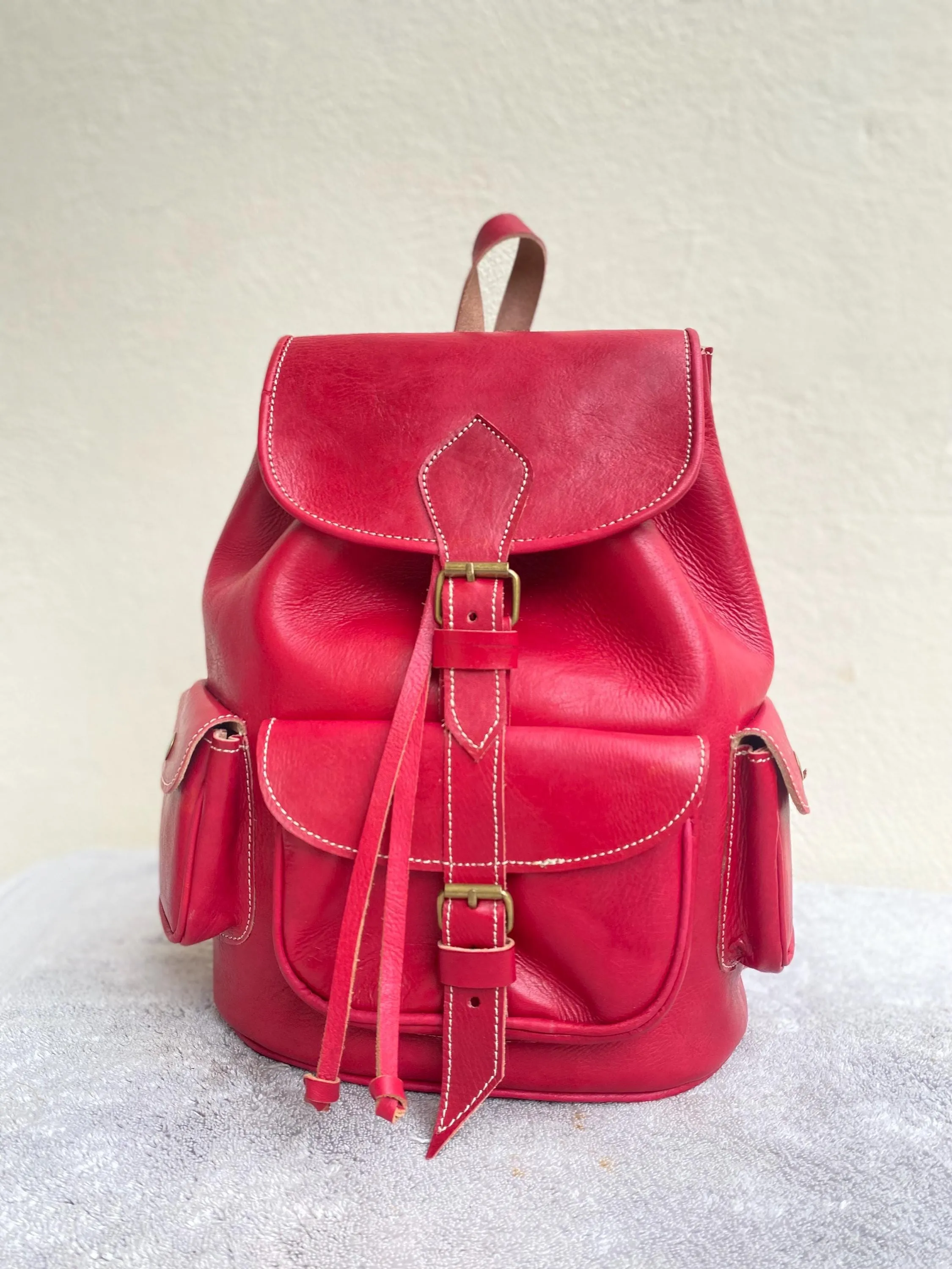Moroccan Leather Backpack in Red Full-Grain Cowhide