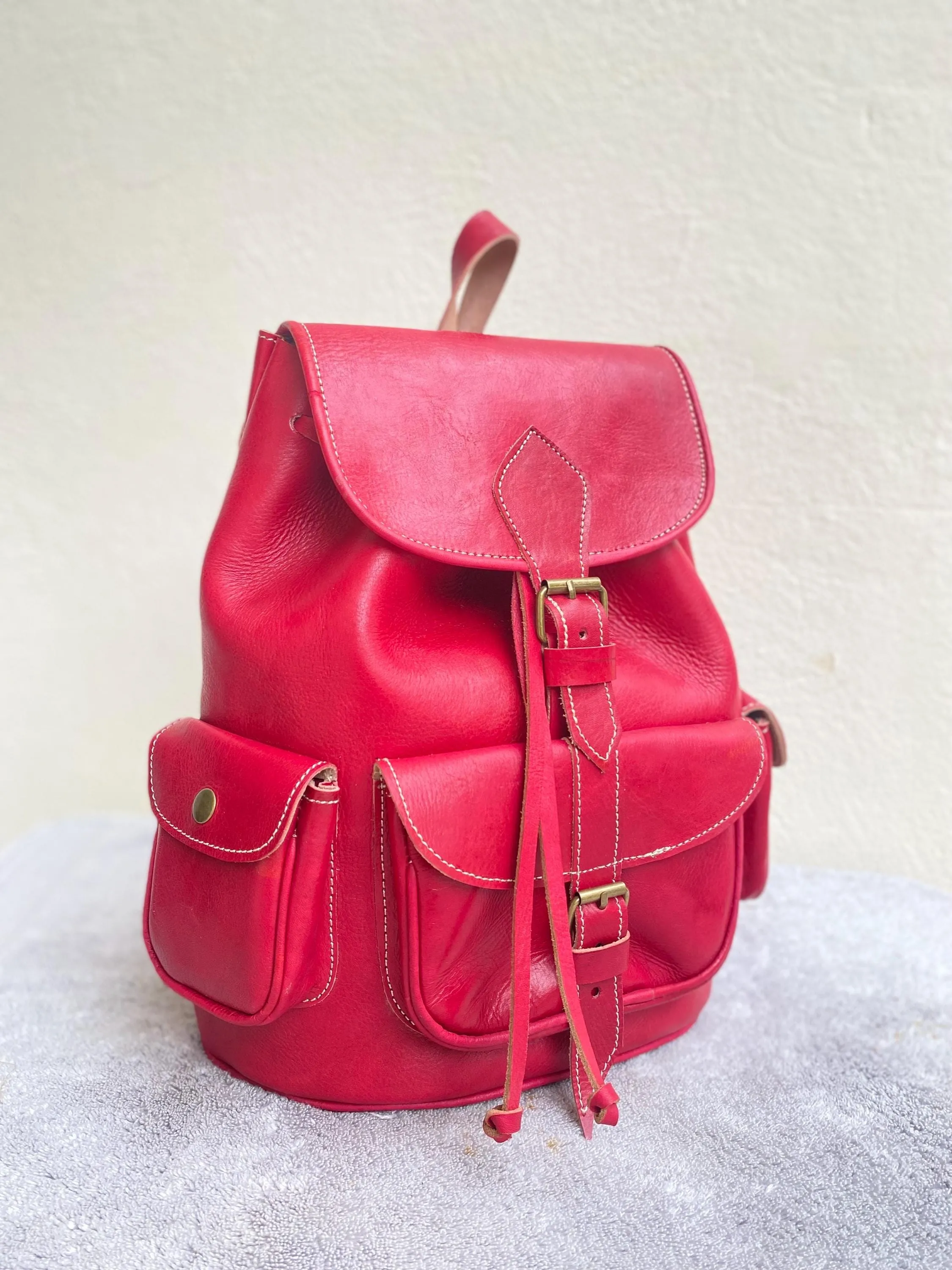Moroccan Leather Backpack in Red Full-Grain Cowhide