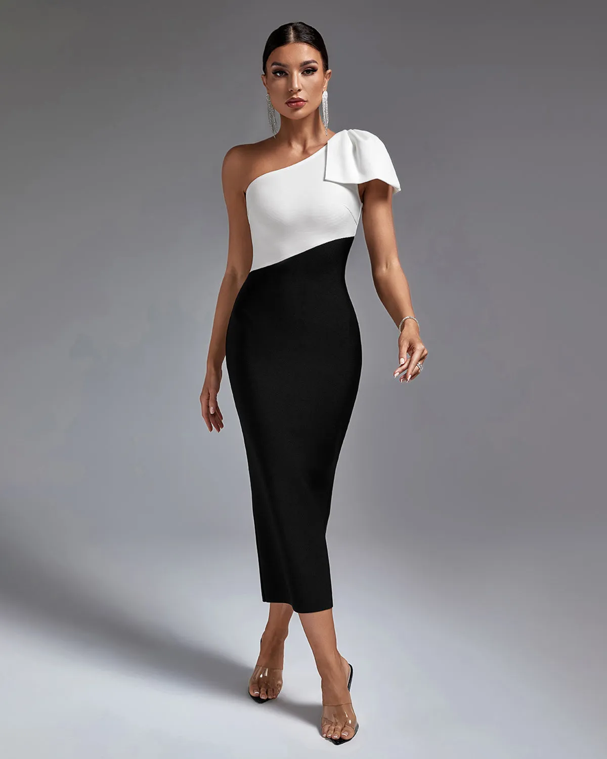 Multi Color One Shoulder Midi Bandage Dress