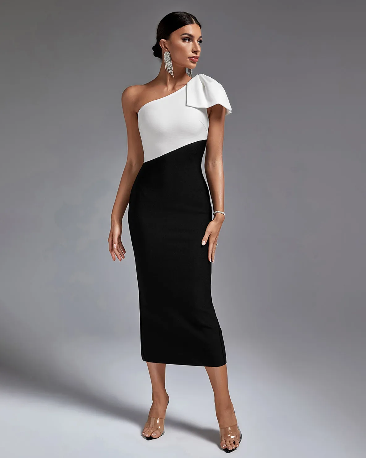 Multi Color One Shoulder Midi Bandage Dress