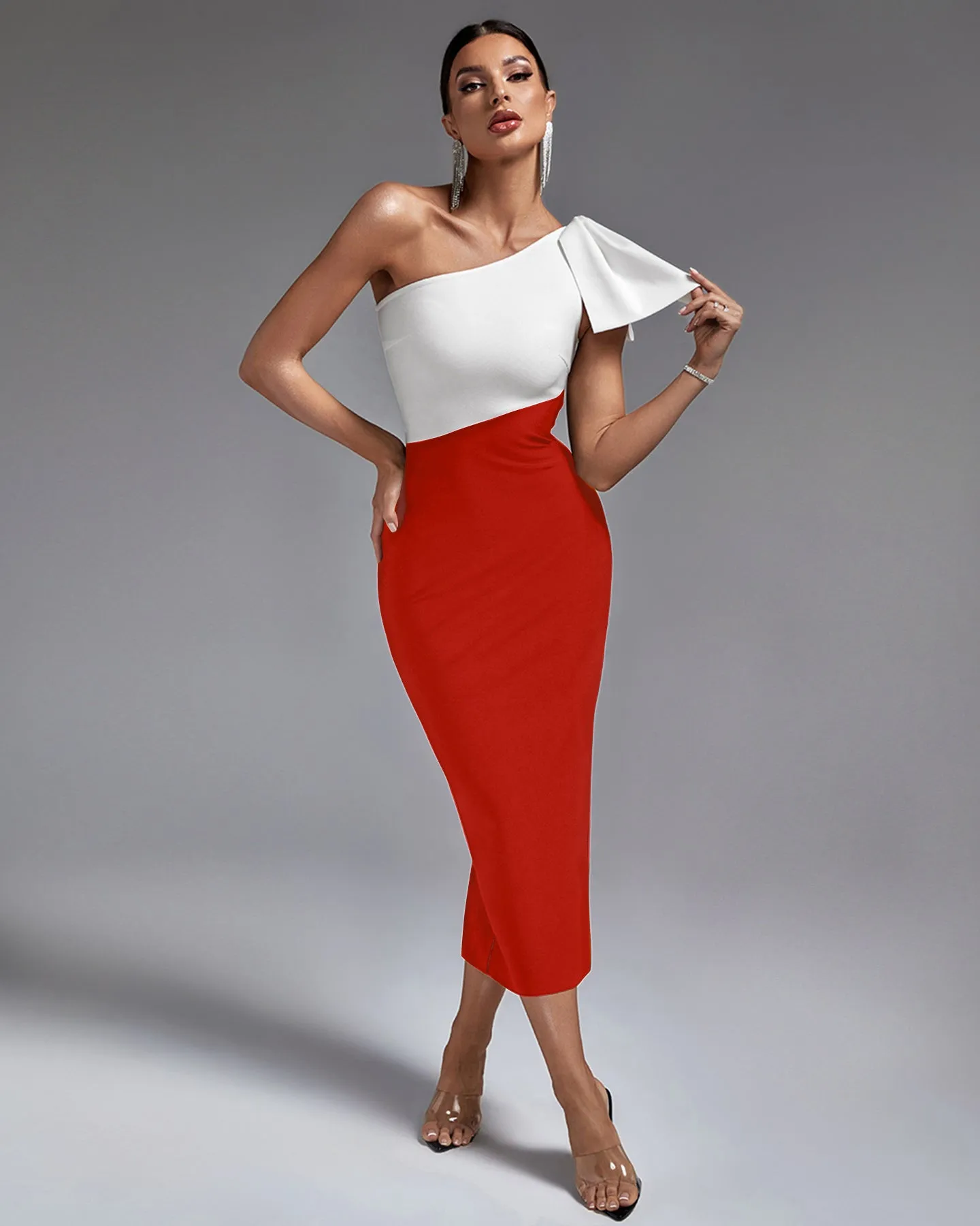 Multi Color One Shoulder Midi Bandage Dress