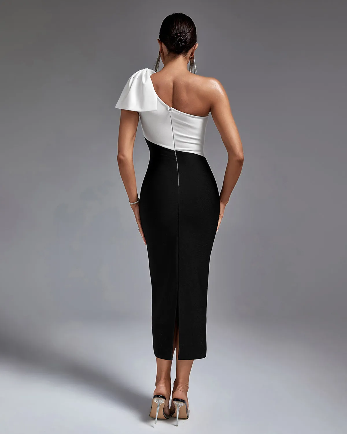 Multi Color One Shoulder Midi Bandage Dress